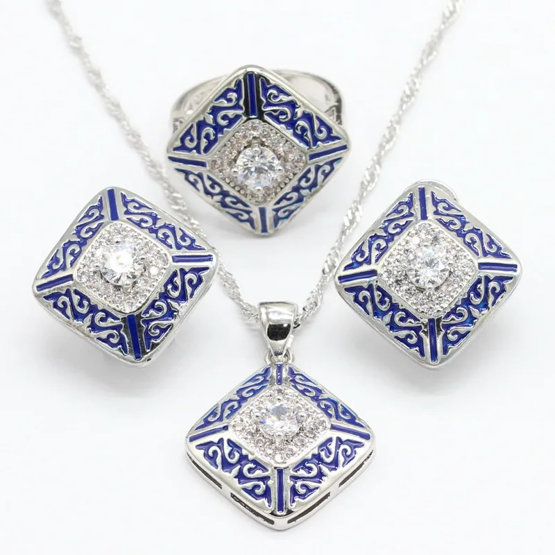 Синий Белый полудрагоценный 925 серебряные ювелирные наборы для женщин квадратная форма серьги-кольца ожерелье Кулон Кольцо подарочная коробка