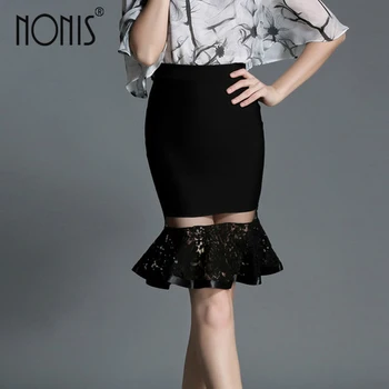 

Nonis High Stretch Women Black Color Skirt PLus Size Hollow out 3D floral women lace lady's office work wear sexy pencil skirt