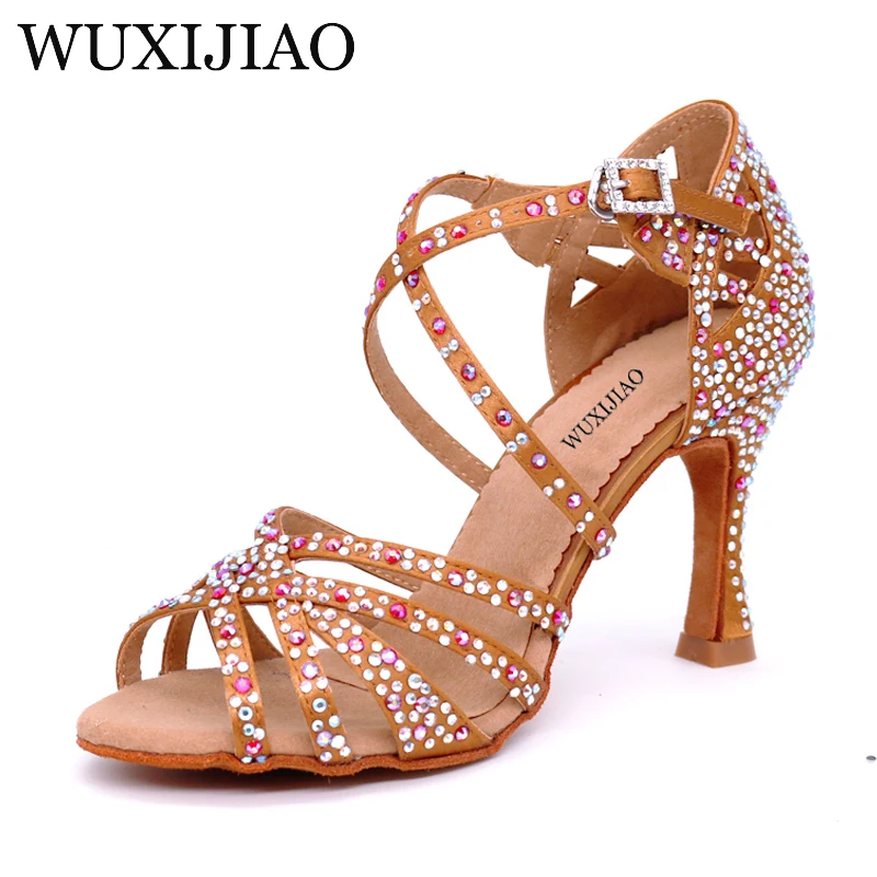 Women Salsa Party Ballroom Latin Dance Shoes Rhinestone Shining Bronze Skin Black Satin Cuba Heel 9cm