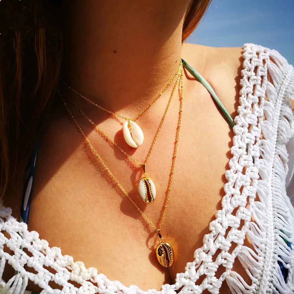 

Fashion Three Layers of Shell Pendant Necklace Natural Shell Gold Cowrie Women Best Friend Cowry Seashell Necklace Boho Jewelry