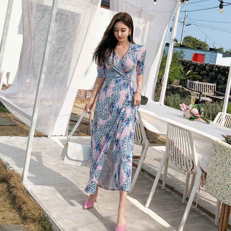 

Beach Wear Pinapple Print Maxi Dresses Crossed V-neck Belted Wrapped Bohemian Long Dress 2019 Summer High Slit Dresses M19040608