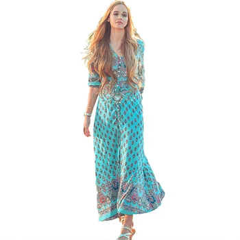 

2018Women Long Maxi Dresses Bohemia V-neck Three Quarter Sleeve Floral Print Ethnic Summer Beach Female Split Stylish Style Dres