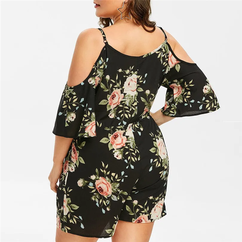  Womens Plus Size Bohemian Floral Casual Playsuits New 2019 Fashion Sexy Cold Shoulder Jumpsuit Bodysuit V-Neck Romper #E11 (6)