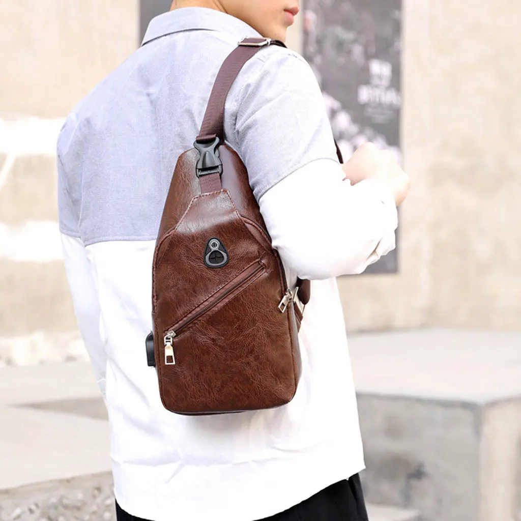 

Men Outdoor Fashion PU Leather Shiny Waist Bag Pure Color Students Outdoors Convenient USB Multifunctional Messenger Belt Bags#S