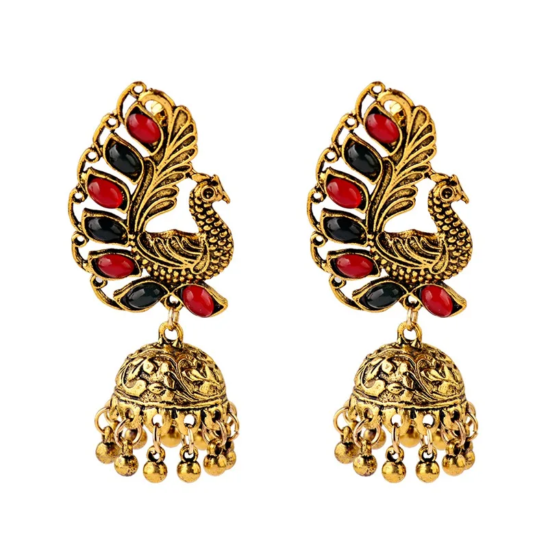 Женские винтажные серьги подвески Jhumka Jhumki в виде этнического павлина с черными