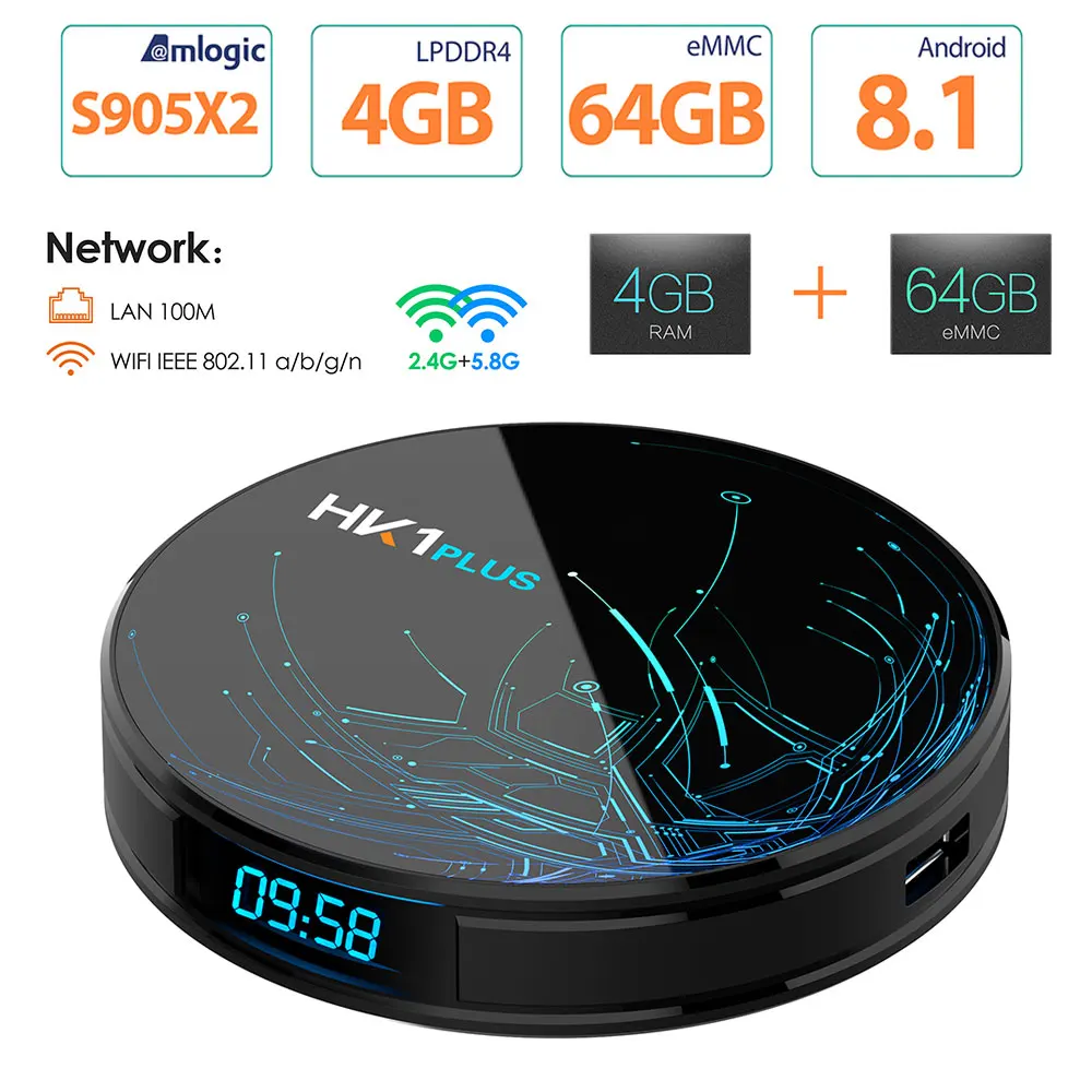 

HK1 PLUS Smart Android 8.1 TV Box 4G 64G Amlogic S905X2 LPDDR4 4K HD 2.4G/5GHz Wifi 100M 4G 32G Media Player BT 4.0 Set Top Box