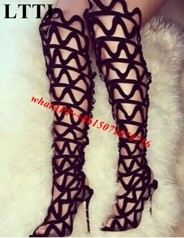 

Real Photo Hot Selling Black Leather Peep Toe Cut-out Tight High Sandals Boots Lace-up Open Heel Summer Gladiator Sandals Boots