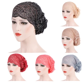 

Women Lace Muslim Ruffle Turban Fashion Chemo Hat Beanie Scarf Head Wrap Elasticity Headscarf Cap Gift 7 Colors