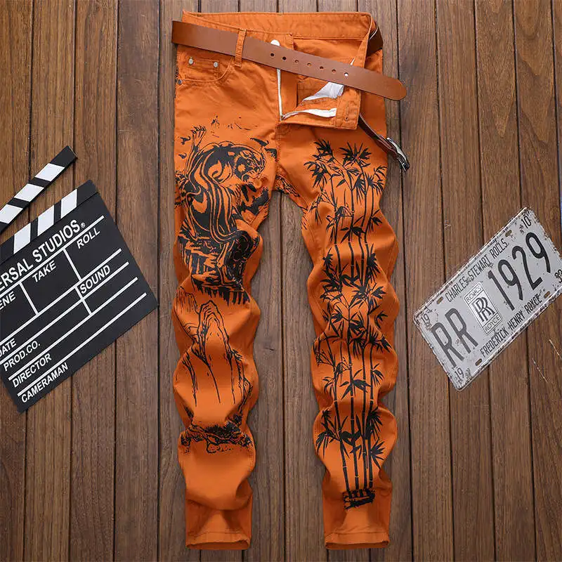 Модные Повседневные джинсы с принтом, мужские облегающие джинсовые штаны, джинсы для бега, мужские уличные брюки в стиле хип-хоп, оранжевая одежда, WA111 - Цвет: ORANGE