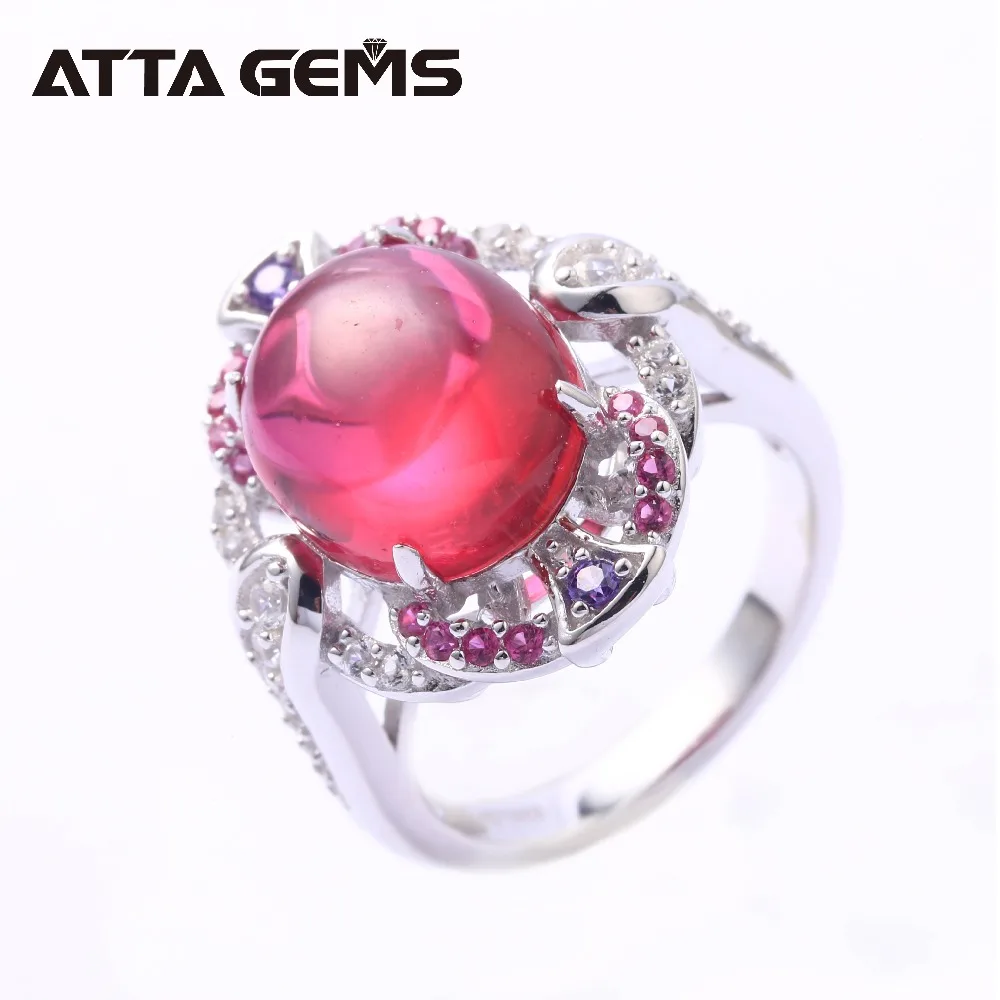 

Red Ruby Sterling Silver Rings 6 Carats Created Cabochon Ruby Romantic Style Fine Jewelry for Women Wedding Anniversary Gifts