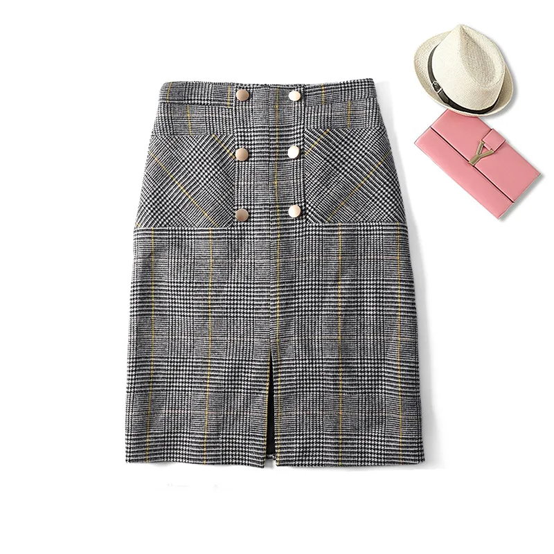 Plaid Falda Doble Nuevo Mujeres Lápiz Elegante Faldas Oficina 2018 E De Chart Invierno See Breasted Lana Las Otoño RgItqw