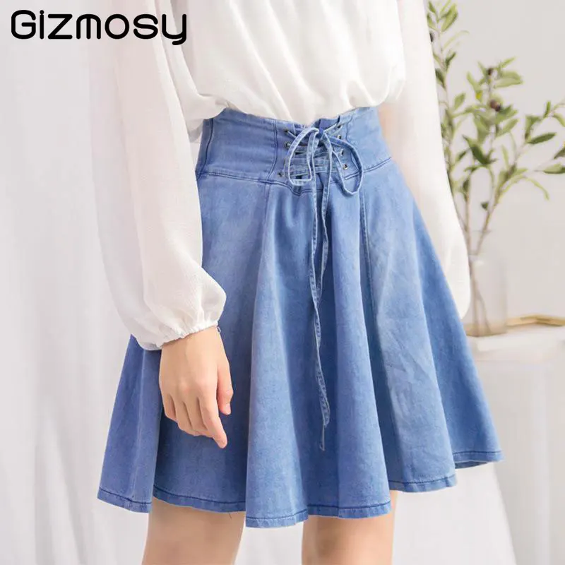 Gizmosy Лето Колледж ветер Высокая талия на шнуровке плиссированные юбки Женский Винтаж джинсовой мыть бинты джинсовая юбка BN3323
