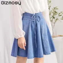 Gizmosy Лето Колледж ветер Высокая талия на шнуровке плиссированные юбки Женский Винтаж джинсовой мыть бинты джинсовая юбка BN3323