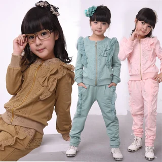 

Free Shipping 2016  New lace decoration 2 piece  plus size 100% cotton outerwear clothing  thickening set for girls in autumn