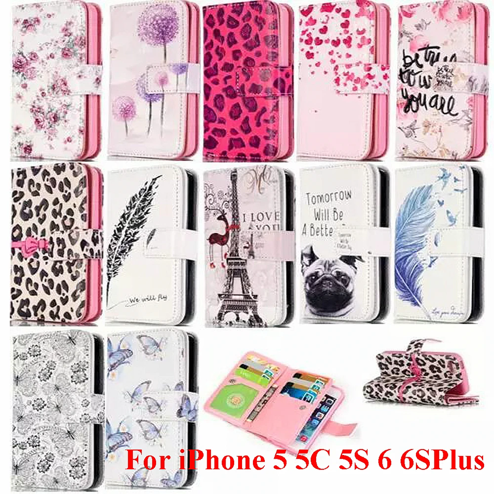 

3D Butterfly Dog Dandelion PU Leather Wallet Flip Case w Card Slot For iPhone 5S 5C SE 6 6S 7 7Plus Samsung S4 5 6 7 Edge Note 5