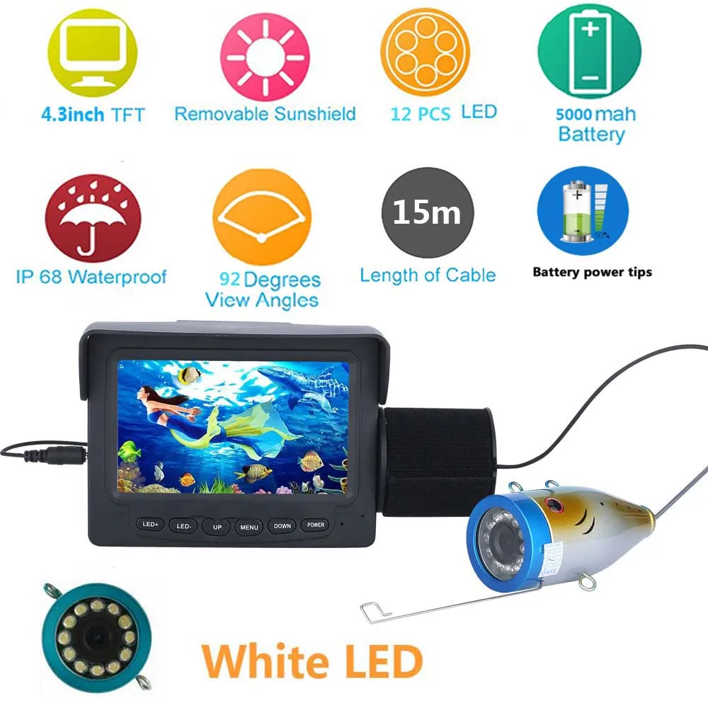 PDDHKK 4.3 'بوصة شاشة عالية الوضوح للماء فيديو كاميرا تحت الماء البصرية صياد السمك مع 12 قطعة LED أضواء بيضاء ل الجليد الصيد