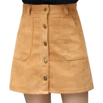 

2019 Spring Corduroy Skirt Single-Breasted Office Lady High Waist Thin Pocket Mini Skirt Large Size A-Line Female Plus Size 2XL