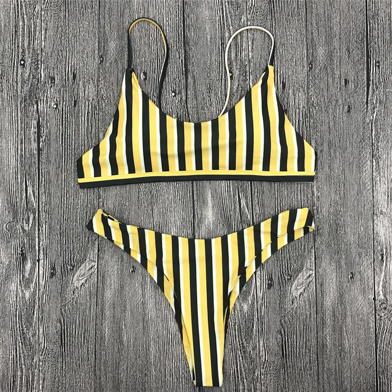 2018 Yellow Striped Sexy Bikini Set Brazilian Swimsuit Female Beach Swimsuit Swimwear Biquinis Thong Bikinis Maillot De Bain4