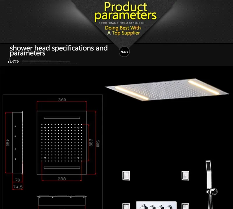 hm LED Rain Shower Set with 2 Lights with Handshower Body Jet Massage Thermostatic Mixer Bathroom Ceiling (13)