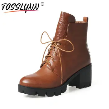 

TASSLYNN 2019 Women Boots winter Square High Heels lace up Ankle motorcycle Boots Round Toe Autumn Women Shoes plus Size 34-43