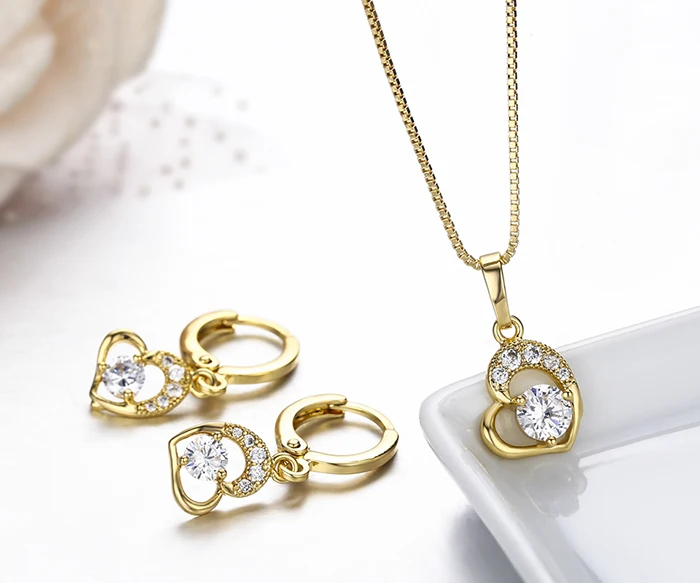 Cute Gold Color Love Heart with Pink or White CZ Drop Earrings Pendant Necklace Small Jewelry Sets for Women Children Girls Kids