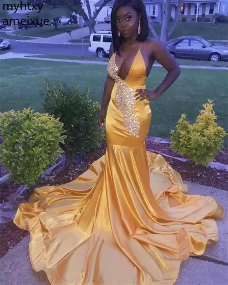 Yellow V-Neck Plus Size Evening Dresses Pearl Crystal Beaded Silk Satin Mermaid Cocktail Party Prom Hi Low Dress Robe De Soiree