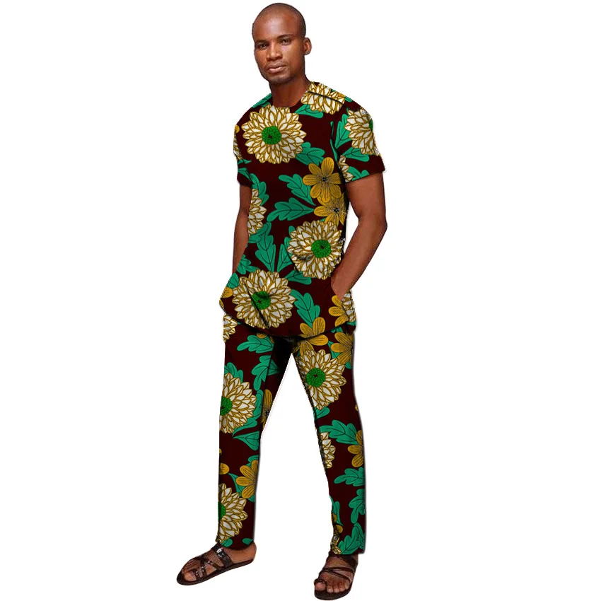 African print shirts+pant men's set clothing short sleeve top with trouser 2 pieces outfits man wedding wear customized