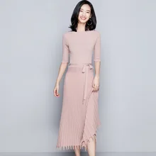 Осеннее женское Новое Стильное вязаное платье с коротким рукавом и кисточками на талии, тонкое длинное трикотажное плиссированное платье для женщин a1722