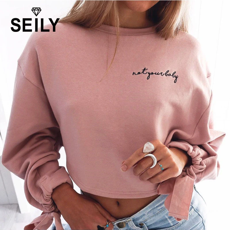

Seily Kawaii Harajuku VS Pink Letter Cropped Hoodie Womens Eyelet Tie Long Sleeve Crop Top Hoodies Pullover Short Sweatshirt