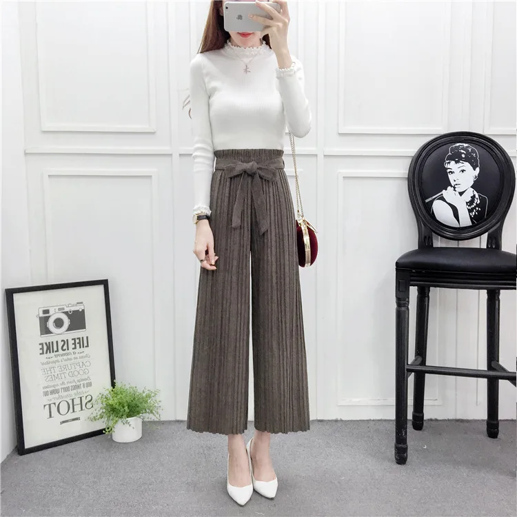 

Casual Ankle-Length Women Woolen Wide Leg Pants Pleated High Loose Trousers Straight Solid Sashes Wool Pants for Women