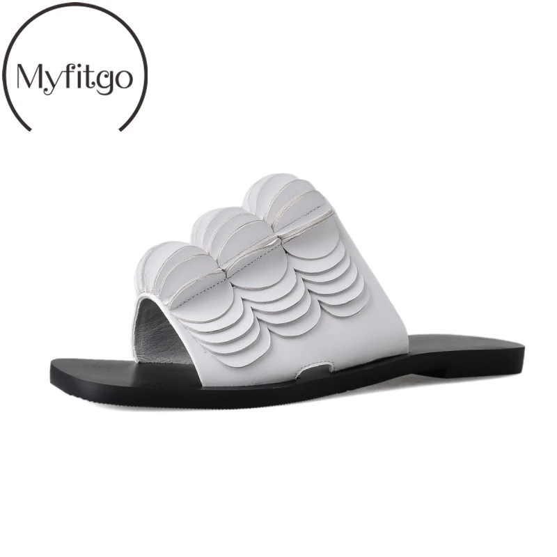 

Myfitgo Fashion Summer Slippers Women Flat with Slides All Leather Flowers Female Mules Square Open toe Zapatos Mujer Flip Flops