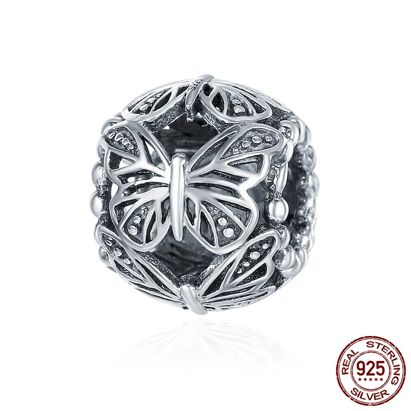 

FURUYA Hot Sale 100% 925 Sterling Silver Butterfly Round Charm Beads fit Original Pandora Bracelet Necklace DIY Jewelry