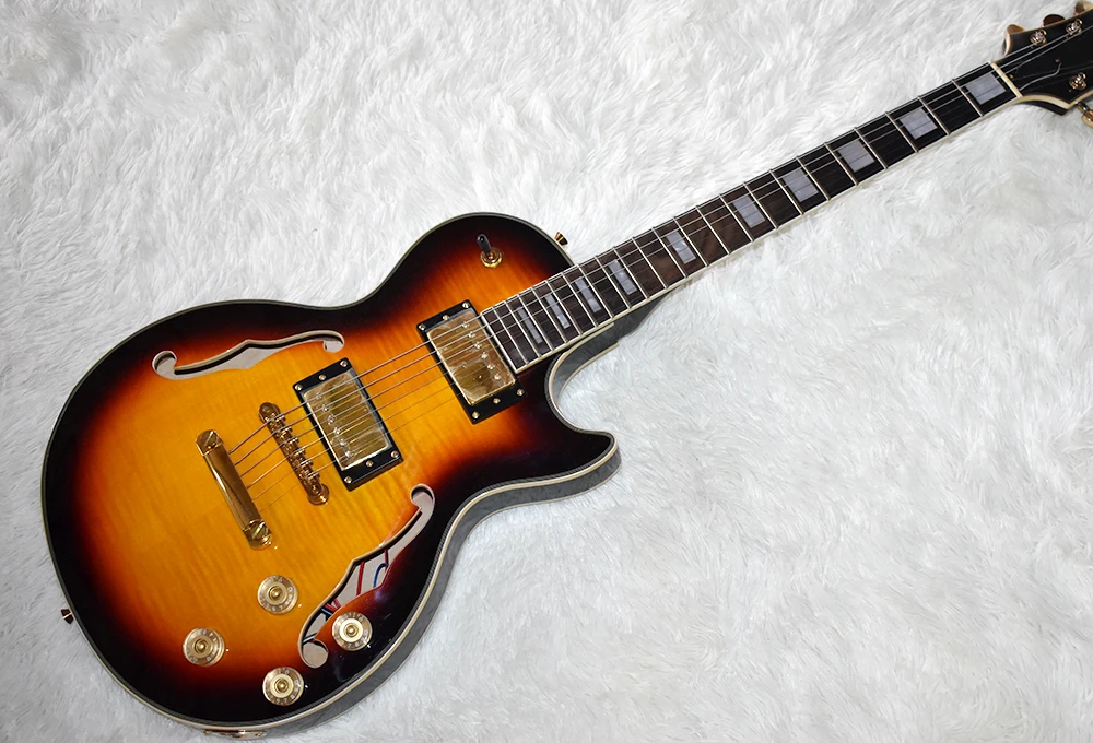 

Factory Custom Semi-hollow Tobacco Sunburst Electric Guitar with Flame Maple Veneer,Block Frets Inlay,Can be Customized