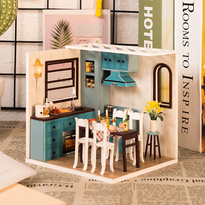 

Doll House Jos Kitchen DIY Miniature Dollhouse Furniture Model Toy For Kids Doll House Accessories With Dust Cover Birthday Gift