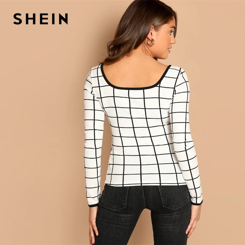 SHEIN الأبيض التباين ملزم الشبكة سكوب الرقبة ضئيلة تيشيرت ضيق بأكمام طويلة المحملة 2019 الربيع عارضة المرأة الحديثة سيدة Highstreet التي شيرت أعلى
