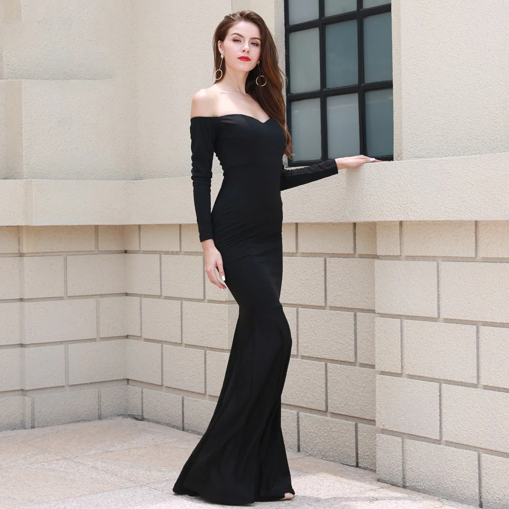 Sexy One word Shoulder Bra Long sleeved Drag Floor Red Carpet Dress