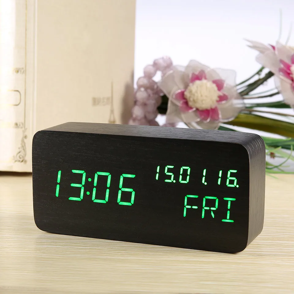 

Wooden Table Alarm Clock Display Modern Electronic Digital LED Clock Thermometer Calendar Alarm Clocks Watch With Nightlight USB
