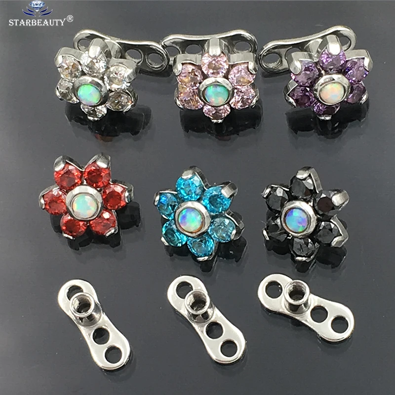 

1Pc Opal Gem Flower Crystal Rhinestone Dermal Anchor Stainless Steel Titanium Micro Dermal Piercing Top Skin Diver body Piercing
