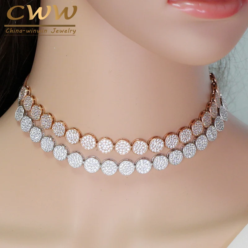 

CWWZircons Adjustable Size Fashion Rose Gold Color Micro Pave Round Cubic Zirconia Baguette Chokers Necklace For Women CP006