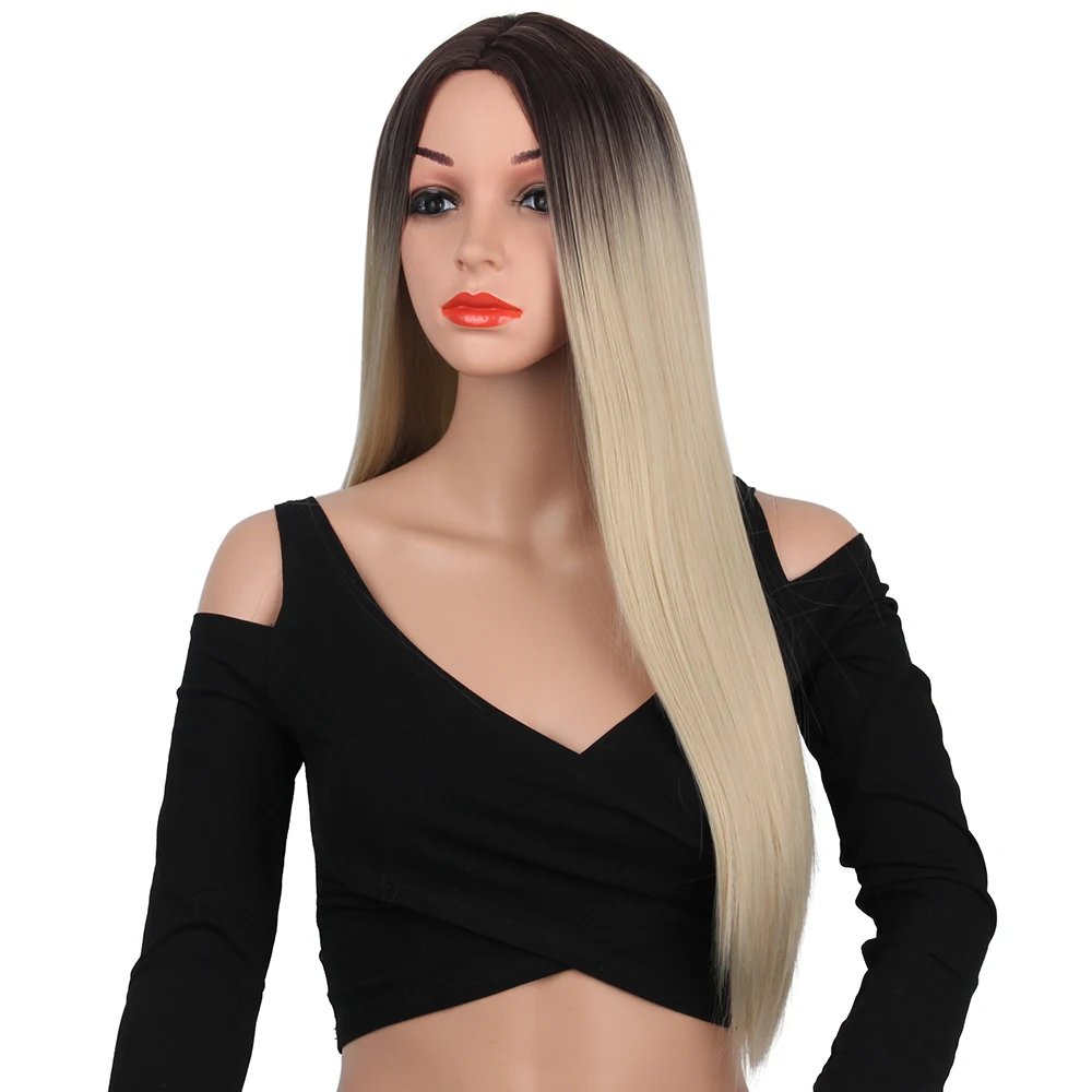 Baratos Pageup 26 pulgadas, cabello rubio recto pelucas de pelo negro de las señoras de las mujeres resistente al calor Ombre Cosplay larga sintética peluca rubia