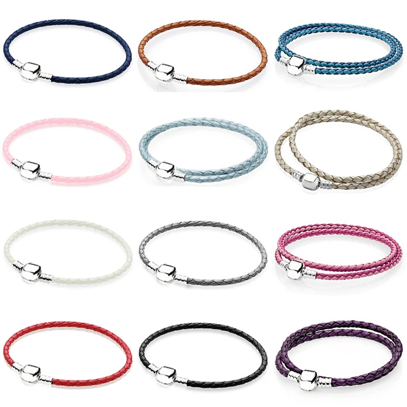 

NEW Fashion 925 Sterling Silver Multicolor Mixed 12 Colors Women Double-Leather Bracelet Fit Charm DIY Gift Original Iconic Bead