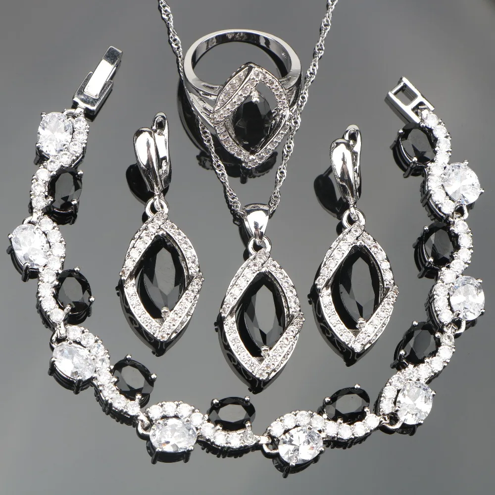 

Black Zircon Silver 925 Jewelry Sets Wedding Women White Stones Bracelets Earrings Necklace Rings Set of Jewelery Gift Box