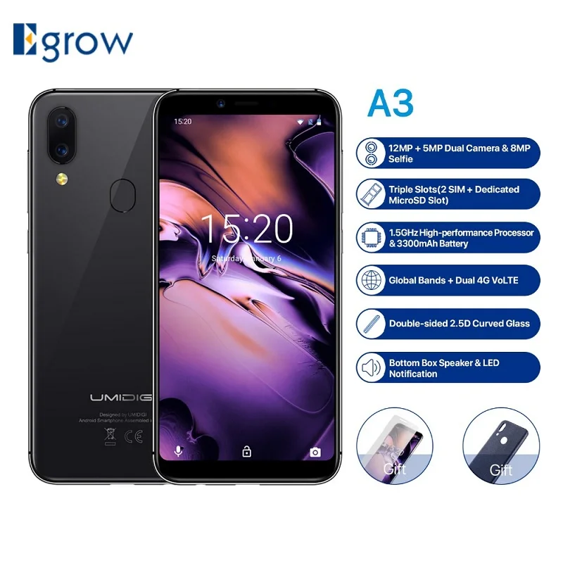 

Umidigi A3 Quad Core Smartphone 5.5'' HD+ 2GB RAM 16GB ROM Cell phone 3300mAh 12MP+8MP Golbal Version Dual 4G Fingerprint Phone
