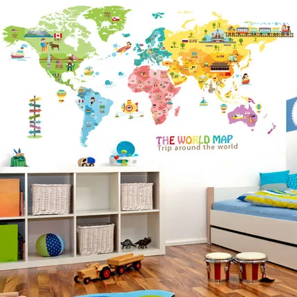 Preise 100*200CM Große Tier Welt Karte Wohnkultur Wand Aufkleber Cartoon Kinder Zimmer Nursery Home Decor Poster Drucke wand Kunst Bilder