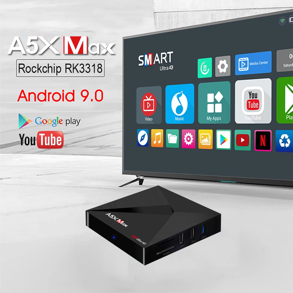 A5X MAX Smart Android 9,0 ТВ приставка 4K HD ТВ приставка RK3318 четырехъядерный медиаплеер Поддержка 2,4G WiFi Беспроводная 100M LAN приставка