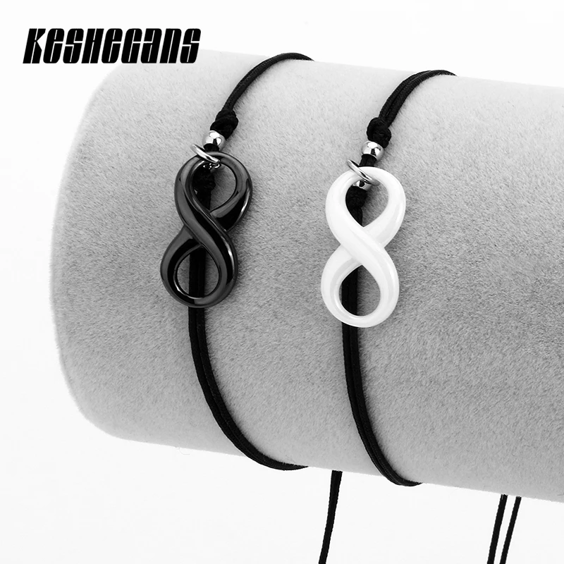 Lucky Black Rope, символ бесконечности, керамический браслет с цифрой 8, черный, белый, для женщин, простой стиль, модное ювелирное изделие, регулируемый браслет