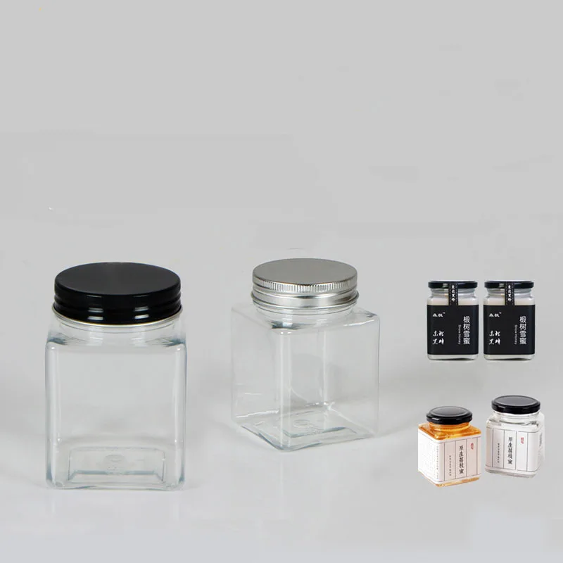 

10pcs/lot 250ml Square Plastic Jars PET bottle Aluminum Lids Honey Packing Bottle Food Storage Bottle Free Shipping