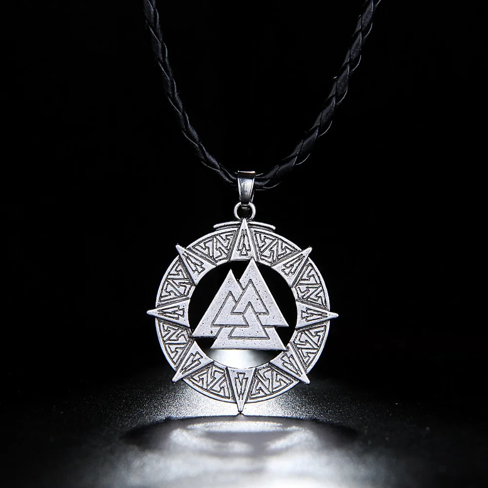 Odin Triângulo Projeto do vintage Redonda de Metal Pingente de Colar Homens Jóias Preto Corda Couro Viking Masculino Colar Acessórios