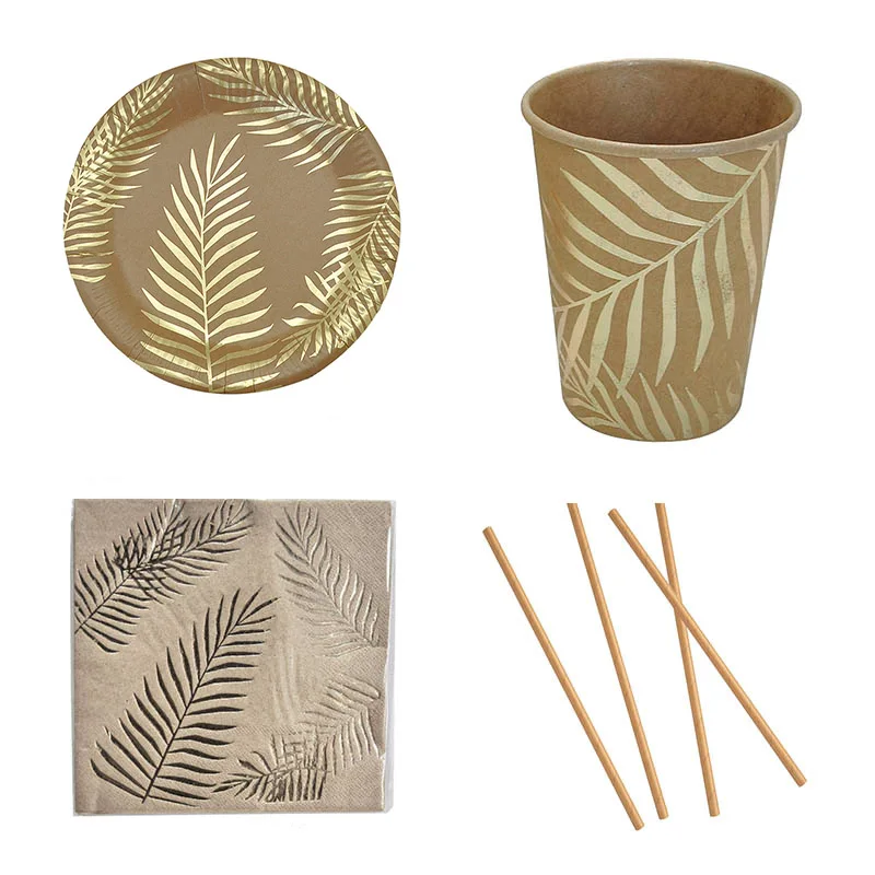 

Gold Foil Disposable Tableware Napkin Tropical Palm Tree Leaves Paper Plates Cups Wedding Birthday Party Decor Supplies