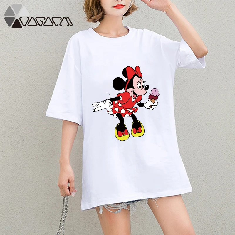 

New Summer Clothes Women Minnie Mickey Mouse Print Tops Tee Short Sleeve White Loose Cartoon Plus Size T Shirts Casual Girl